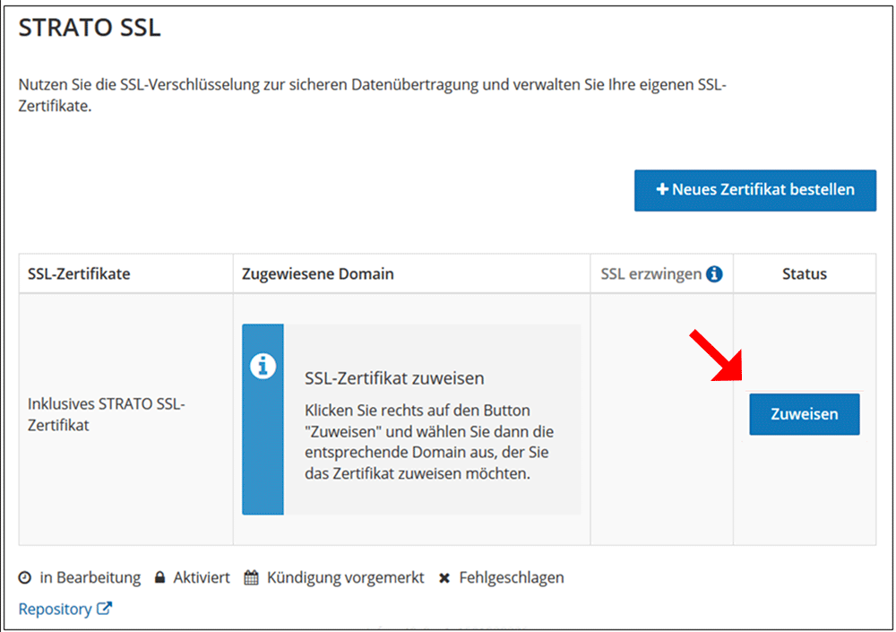 Strato - Zuweisung des SSL Zertifikats zu einer Domain