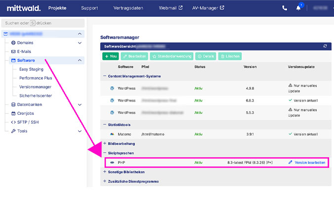 PHP-Version bei Mittwald anpassen