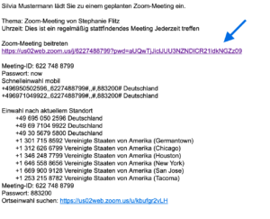 Einladungsmail zu Zoom Meeting