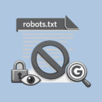 Illustration zur robots.txt mit Symbolen für Suchmaschinen, KI-Bots, Sichtbarkeit und Zugriffsbeschränkungen