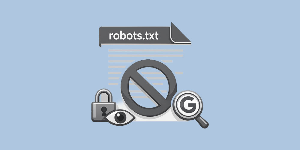 Illustration zur robots.txt mit Symbolen für Suchmaschinen, KI-Bots, Sichtbarkeit und Zugriffsbeschränkungen