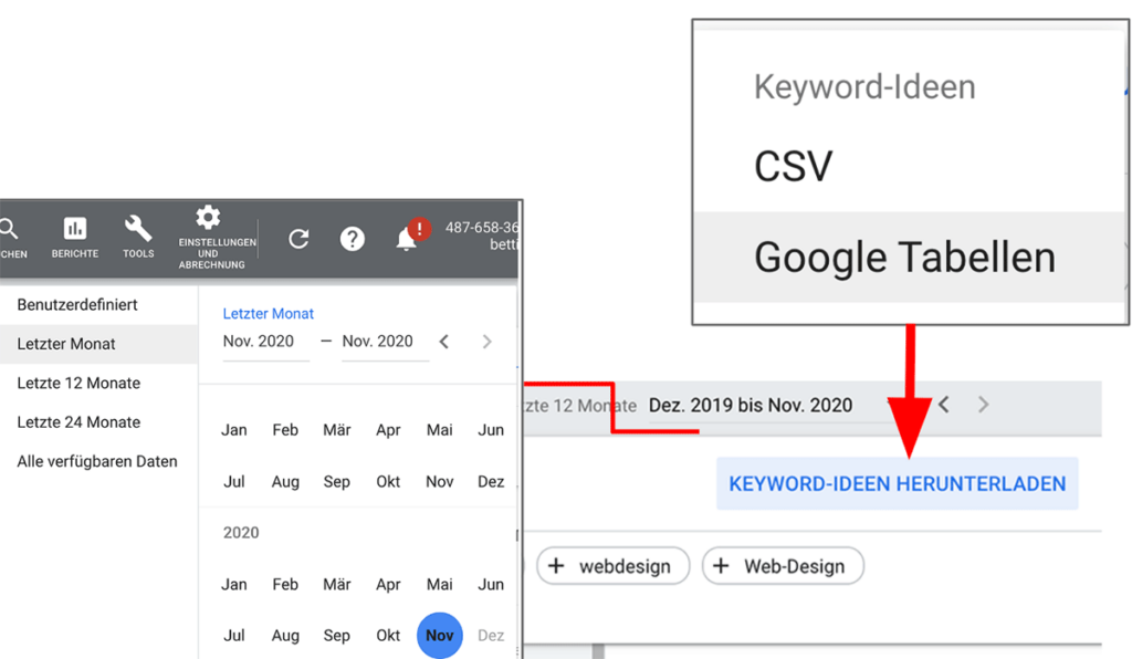 Google Keywords-Planner, Download einer Tabelle