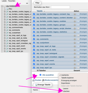 Tabellen auf phpMyAdmin entfernen